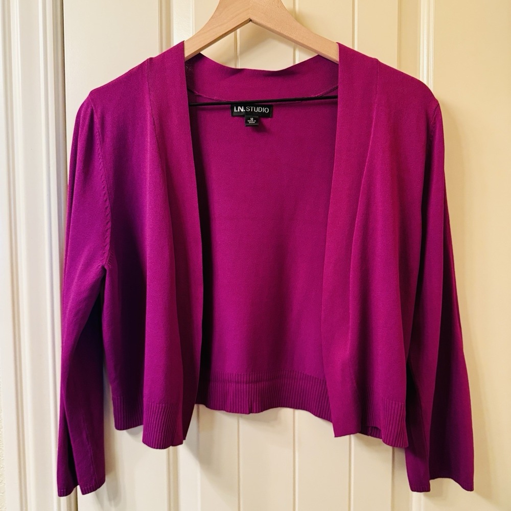 I.N. STUDIO Purple Open Front Cardigan Sweater Shrug Women's Size 12 Crop Layer - Picture 6 of 7
